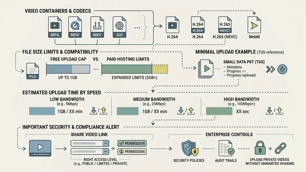 Infographic detailing video file standards, size caps, upload speeds, and security access controls