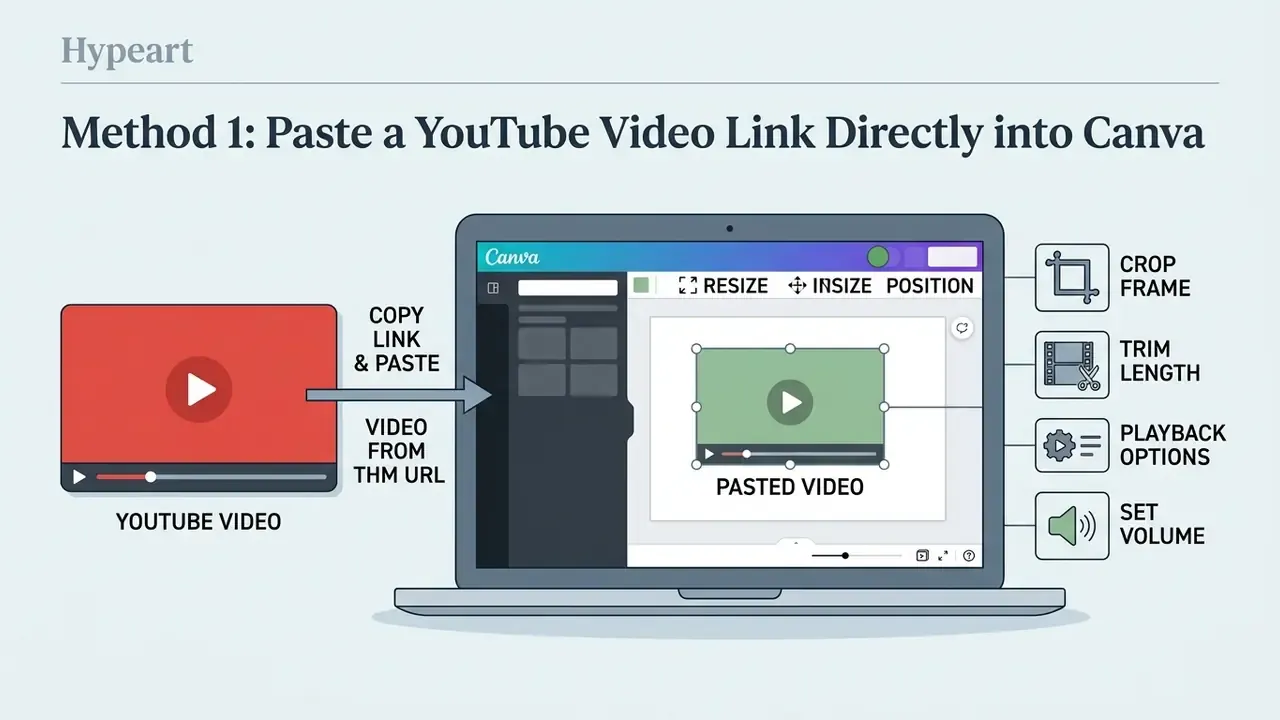 Diagram showing how to paste a YouTube link into a Canva slide and adjust video settings like crop and trim