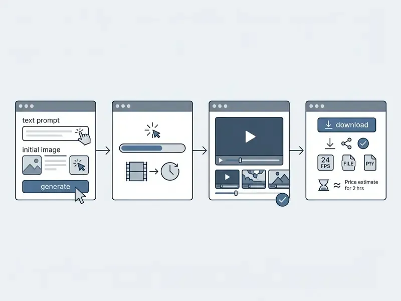 Step-by-step interface sequence showing prompt entry, generation progress, video preview, and download