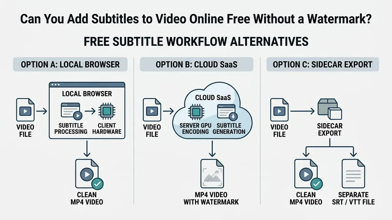 Diagram showing three distinct methods for subtitle processing and file output options
