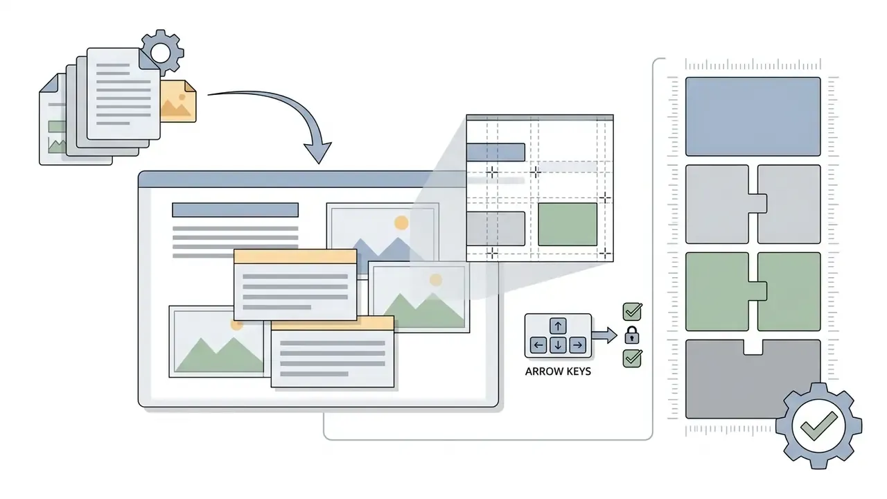Layout elements being aligned with rulers and arrow keys to ensure spacing consistency on a digital canvas