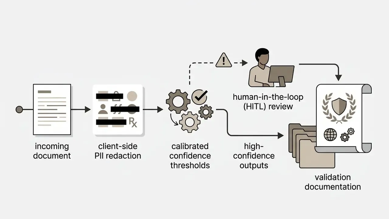Sequence showing document redaction, confidence threshold routing, human review, and final documentation