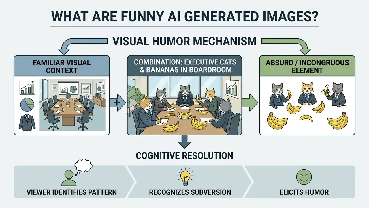 Flowchart showing how familiar contexts mixed with absurd elements create humor through cognitive resolution