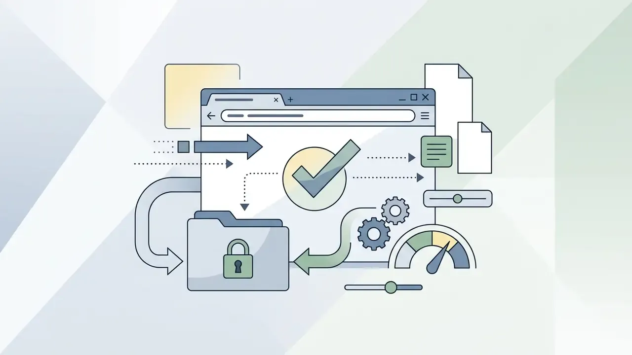 Browser window with a checkmark, a locked folder, and adjustment sliders representing data privacy