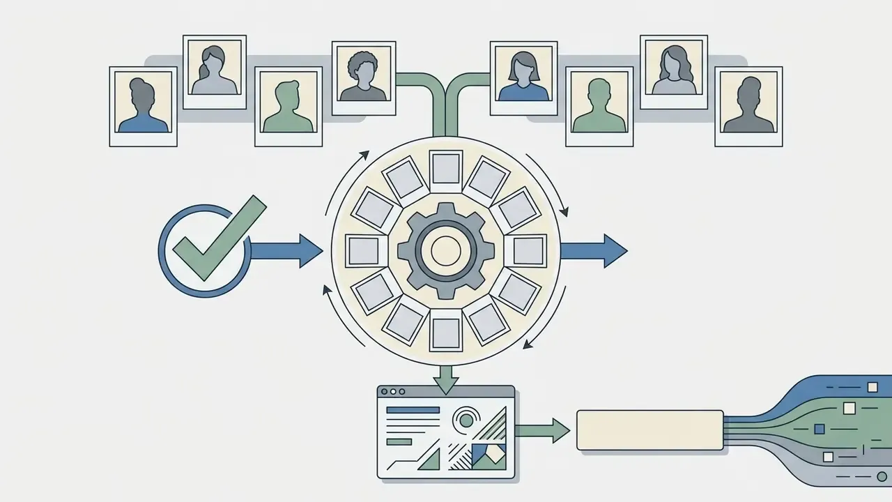 Multiple portrait photos feeding into a central gear mechanism to output a processed data document