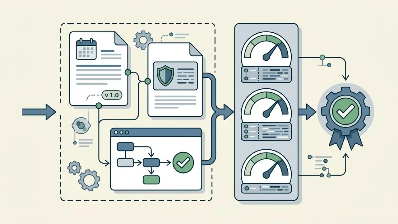 Documents and workflow charts feeding into a triple gauge dashboard leading to a certified badge