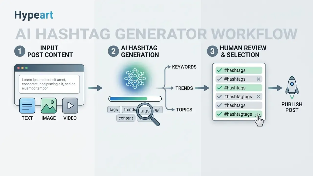 Three-step flowchart showing content input, AI processing, and human validation before publishing a post