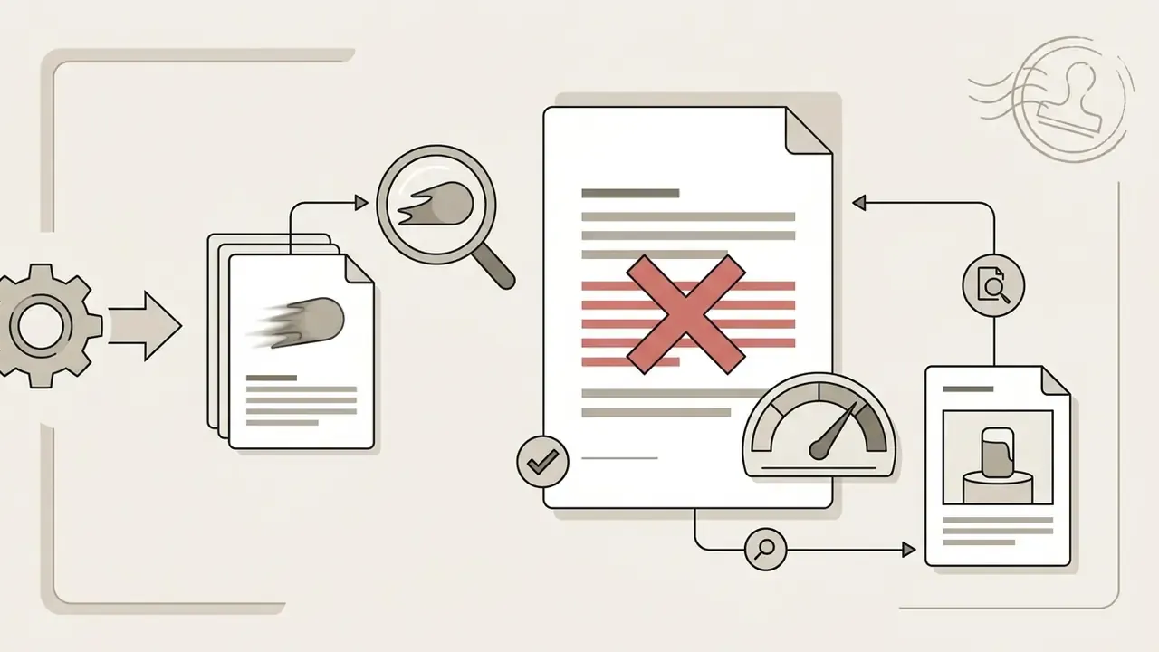 Stack of documents moving through a gear and magnifying glass toward a rejected file with a performance gauge