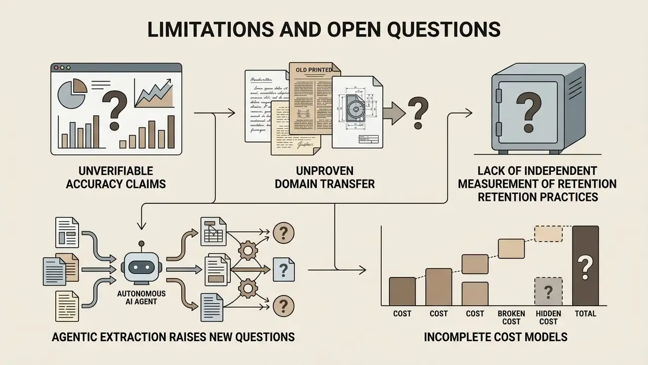 Infographic showing challenges like unproven domain transfer, agentic extraction risks, and incomplete cost models