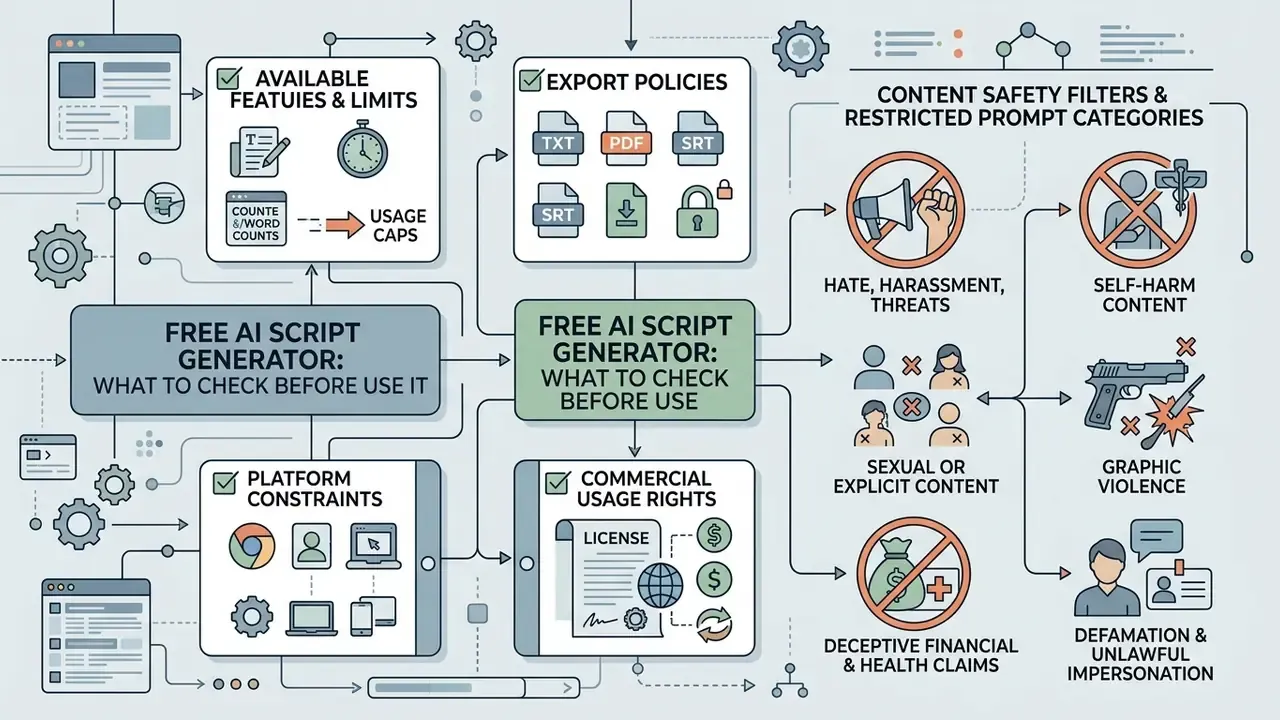 Map of functional checks, export policies, platform constraints, and safety filters for content generation