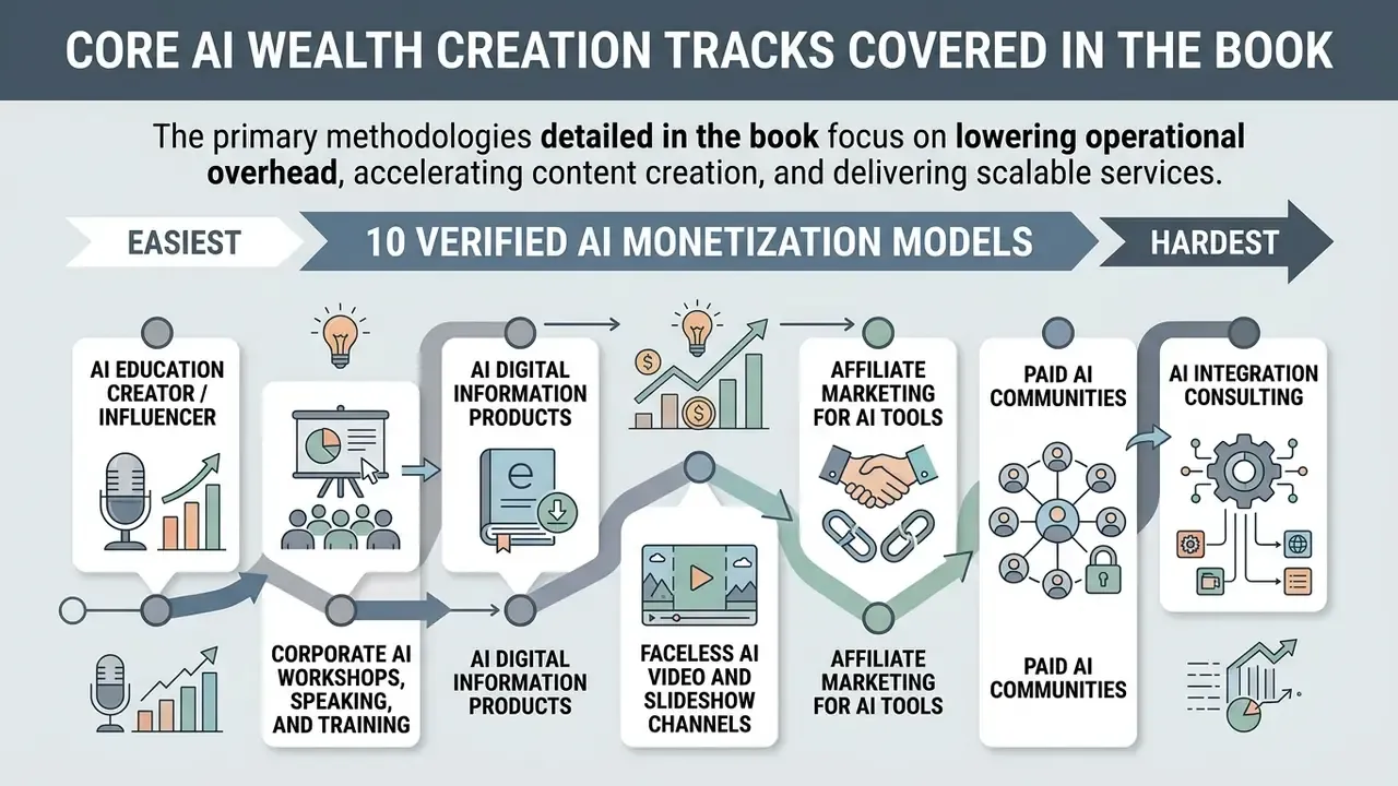 Flowchart displaying ten AI monetization models ranked by difficulty from easiest to hardest