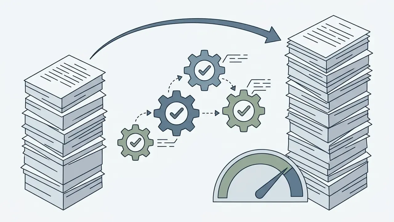 Arrow connecting two stacks of documents with intermediate gears and a speed gauge for an AI story generator
