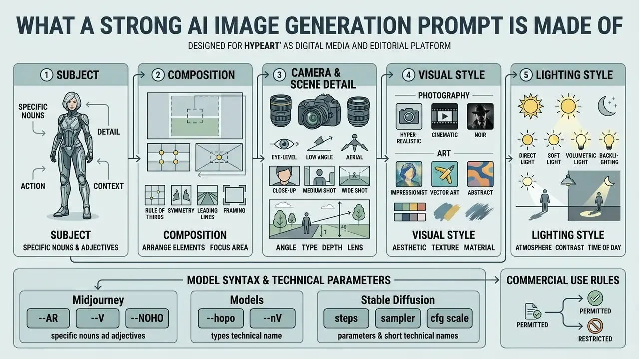 Infographic breaking down the five essential components of an AI image prompt including subject and style