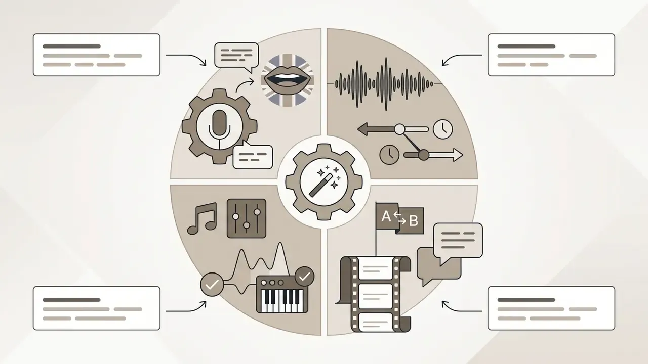 Circular diagram showing icons for voiceover, audio pace, music adjustment, and subtitle translation
