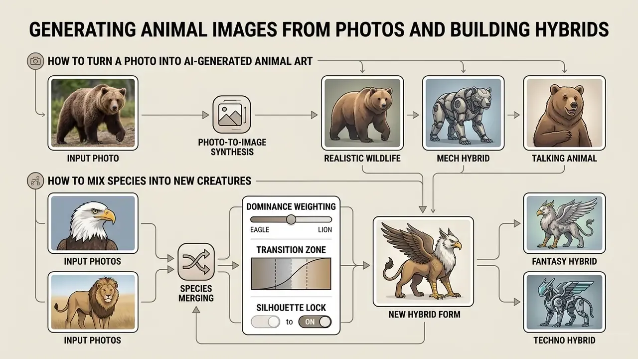 Diagram showing photo synthesis and species merging processes to create stylized or hybrid animal forms
