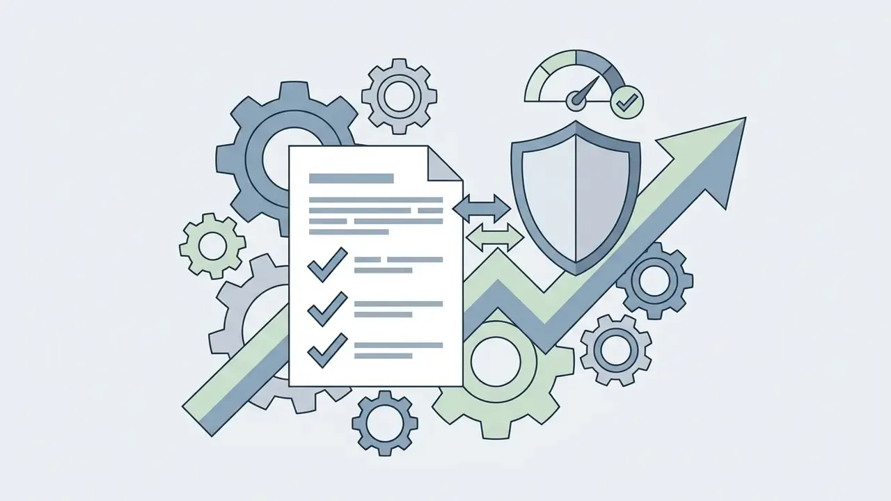 Checklist document connected to a shield and upward arrow amidst rotating mechanical gears