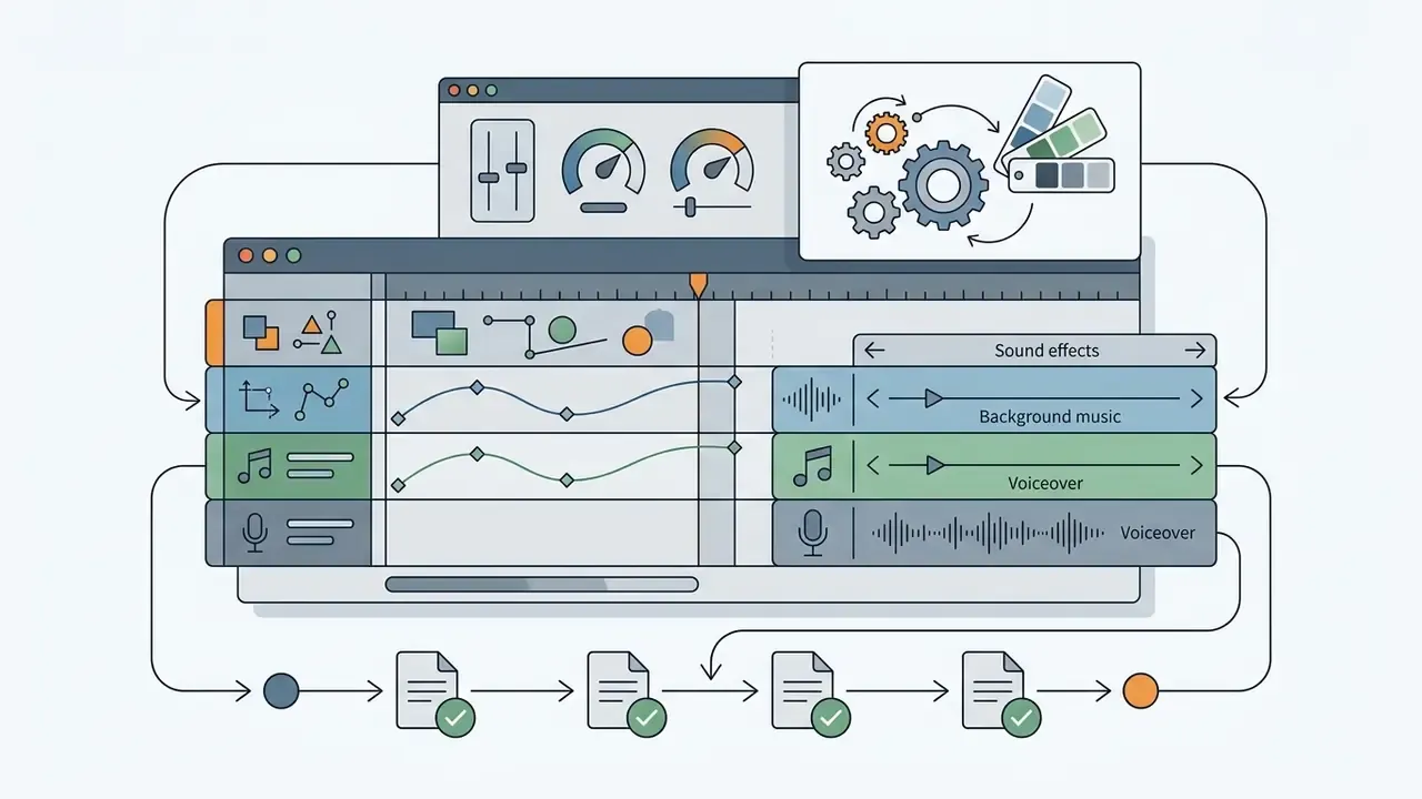 Video editing interface with stacked audio and visual tracks connected to a sequential document workflow