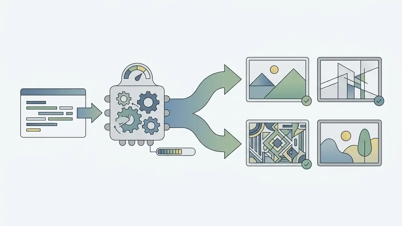 Text input box feeding a gear-driven processing engine that outputs four distinct generated images