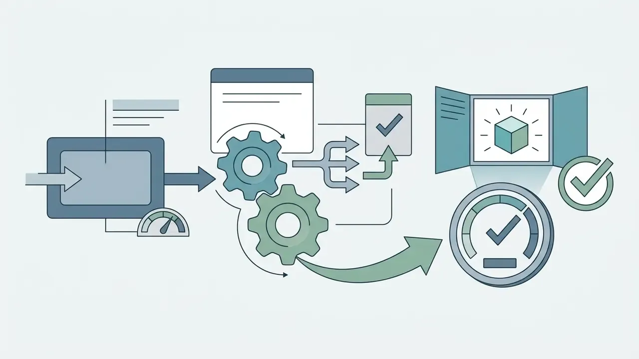 Diagram showing data input processing through gears to reach a final state with checkmarks