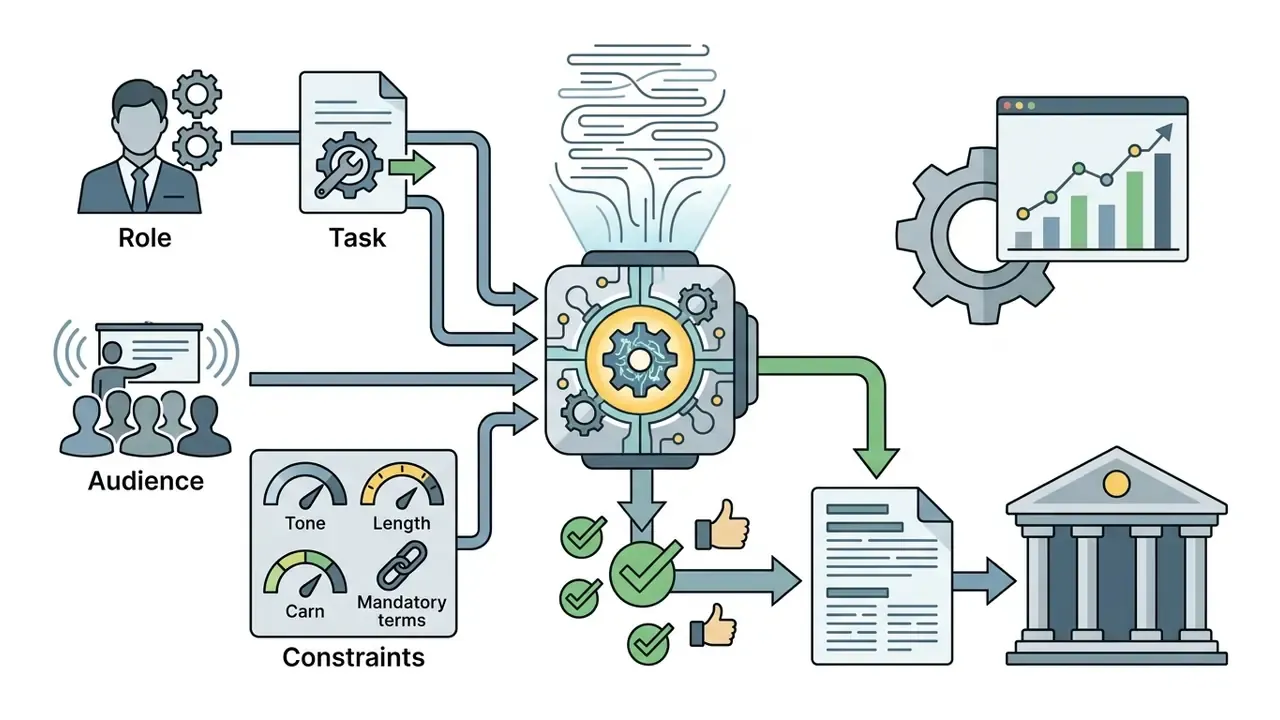 Diagram showing prompt variables feeding into a central processor to generate and validate document content