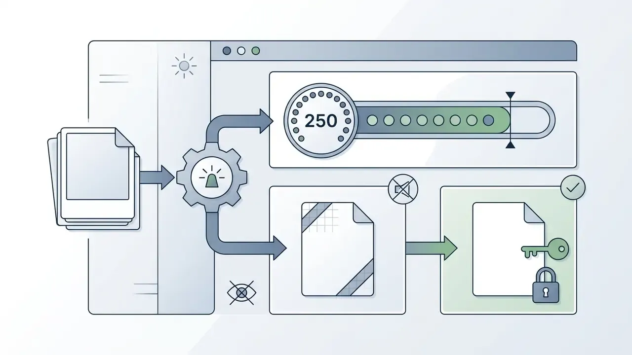 Workflow visualization showing image processing limits, watermark application, and account requirements