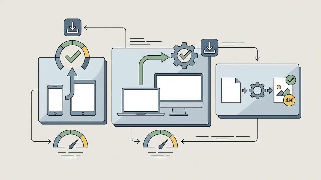 Workflow diagram showing mobile and computer devices connecting to file processing and 4K export tools
