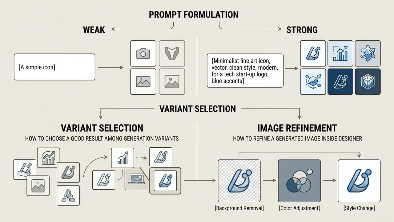 Diagram comparing weak and strong prompt formulation, variant selection, and image refinement steps