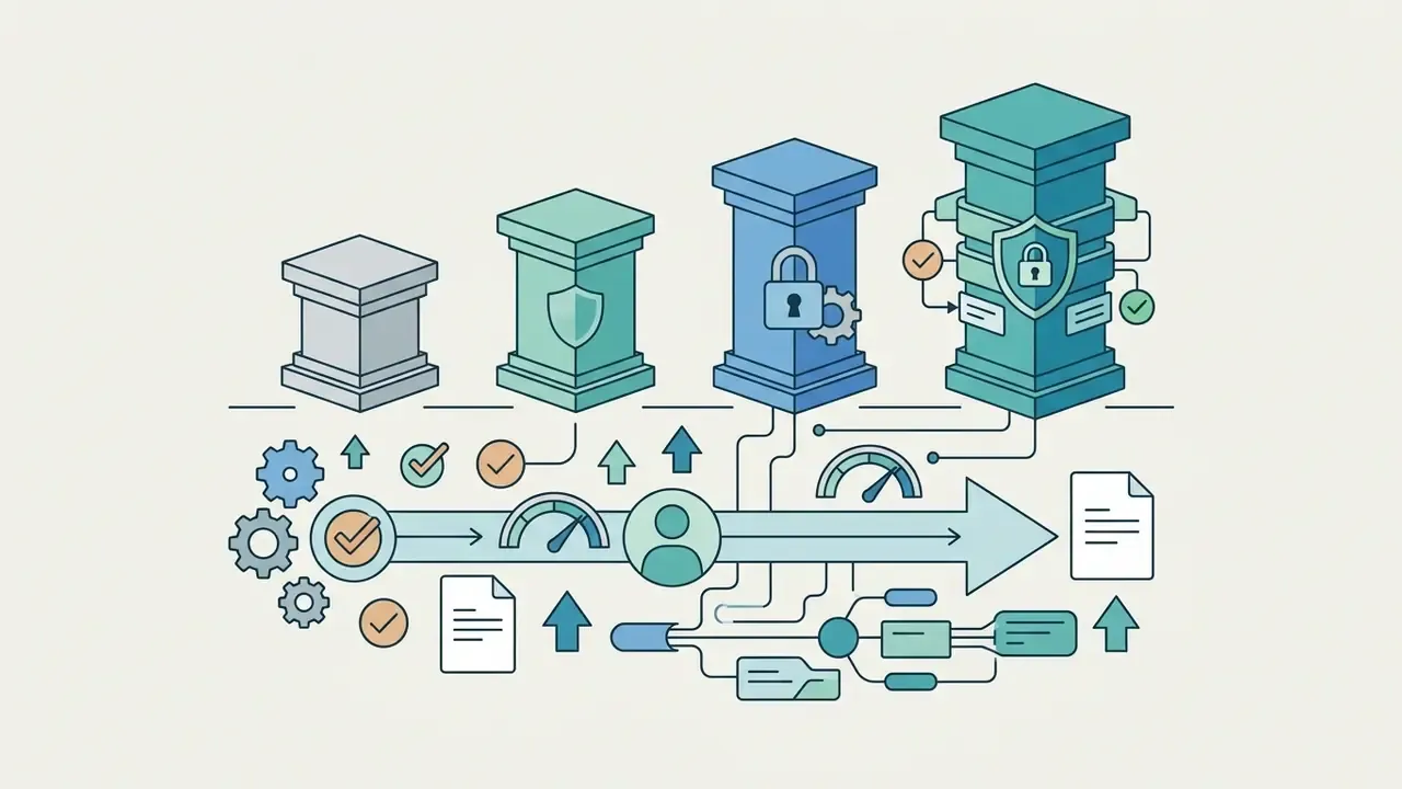Four pillars with increasing security icons connected to a workflow of gears and document processing