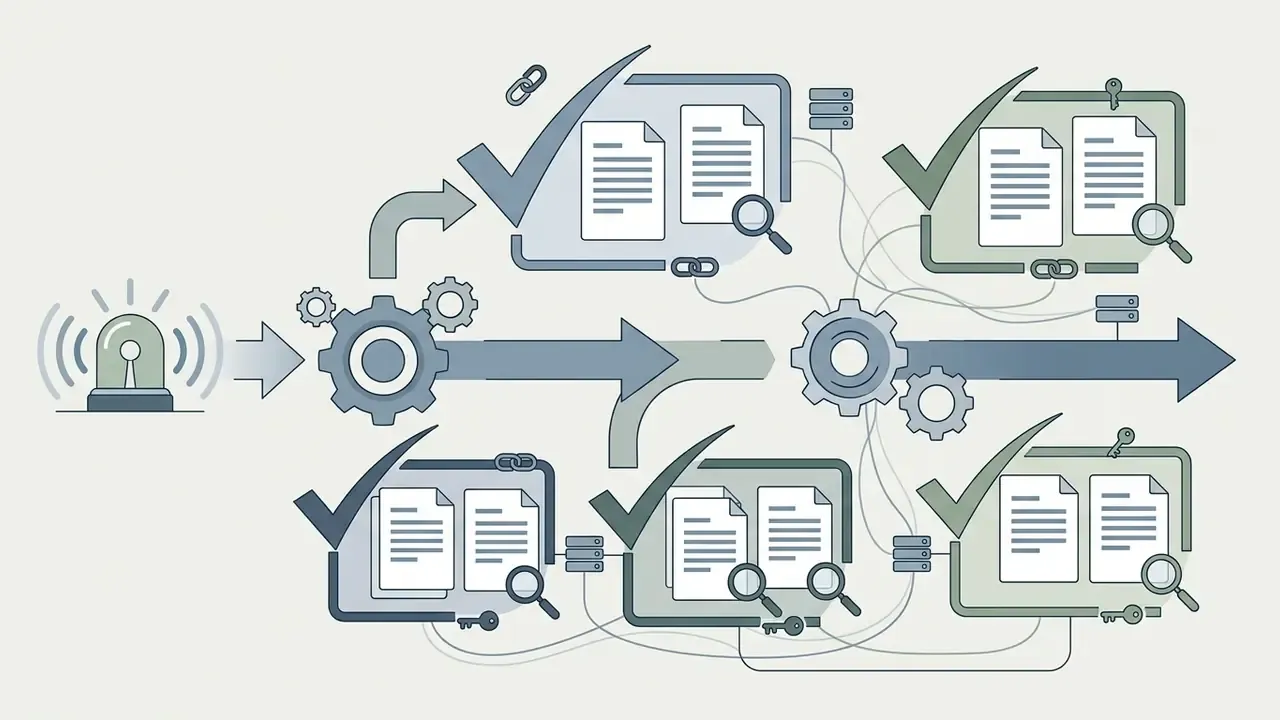 Alert icon feeding into gears that organize document collections with checkmarks and connection symbols