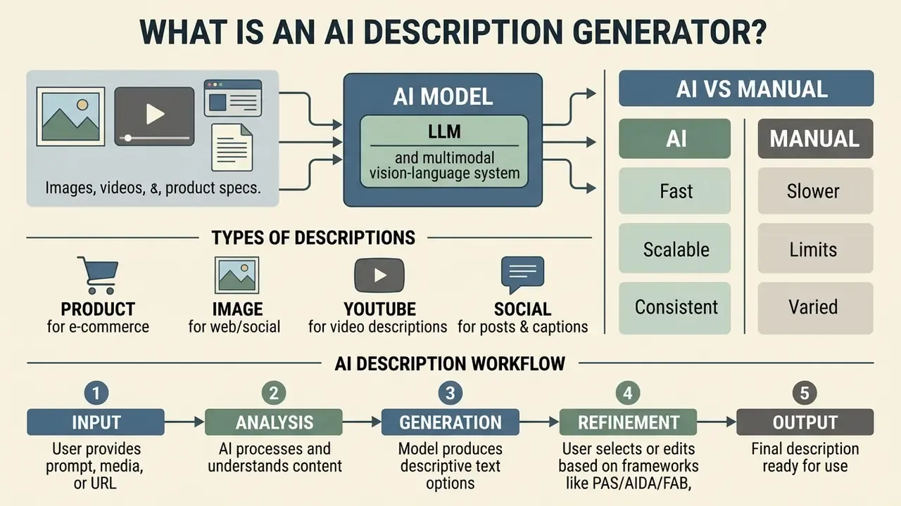 Infographic comparing automated and manual writing workflows alongside types of content and process stages