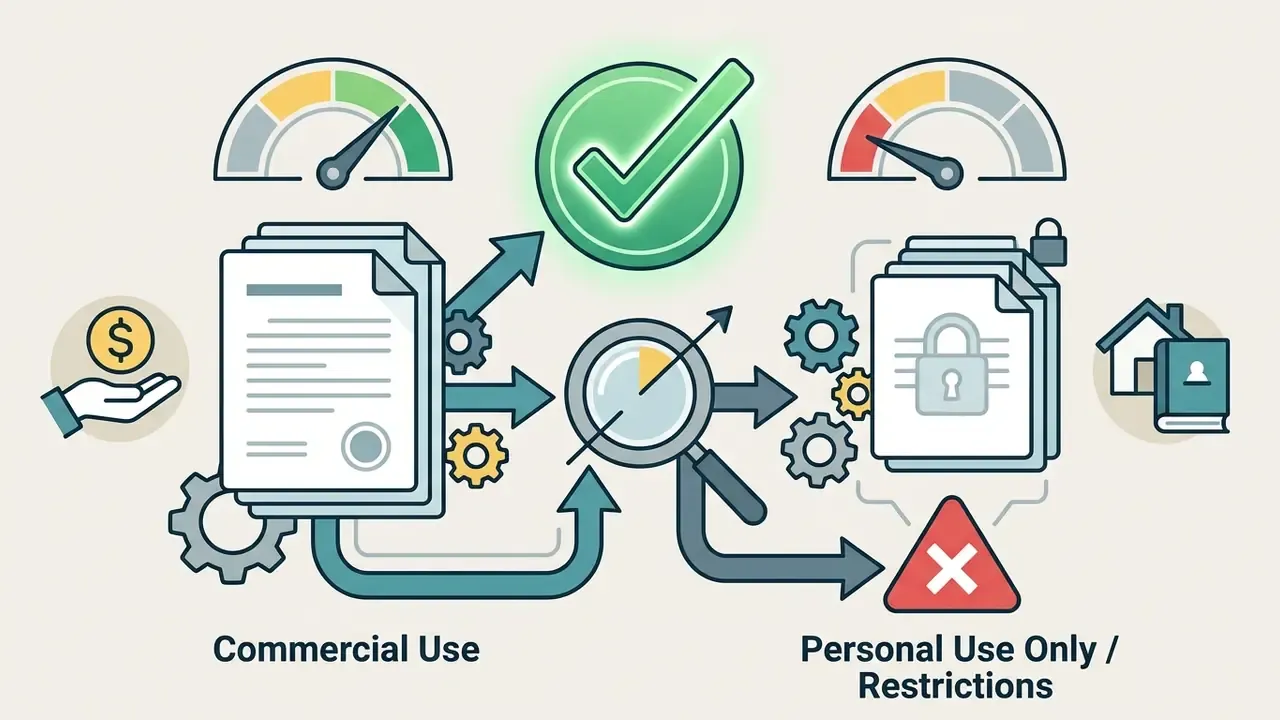 Documents moving through gears and a magnifying glass to distinguish between commercial and personal use