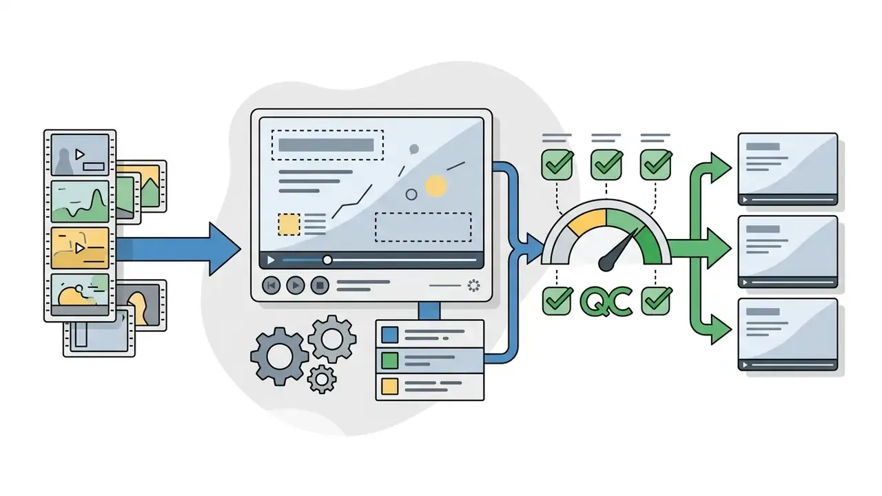Diagram showing video clips processed through automated masking and quality control pipelines
