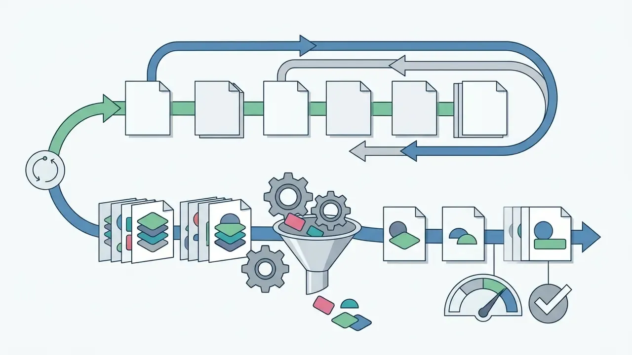 Looping path connecting document layers through a funnel and gears to optimize data and frame playback