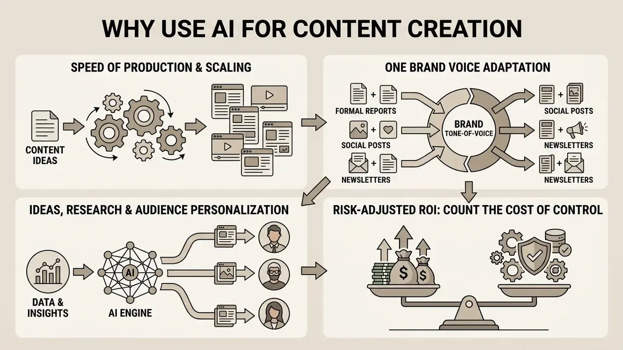 Infographic showing four quadrants detailing production speed, brand voice, audience personalization, and ROI