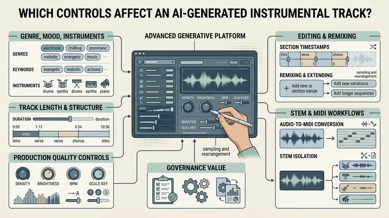 Diagram detailing user interface parameters for adjusting music generation settings and audio workflows