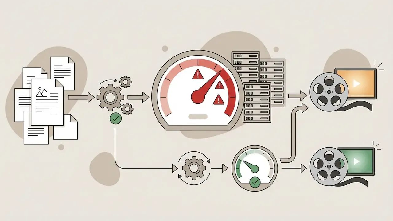 Data files flowing through gears and speedometers to produce optimized video output streams