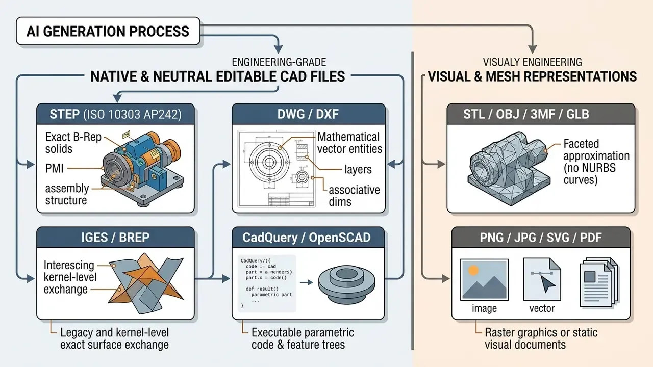 Comparison diagram contrasting editable CAD file formats with visual and mesh representations