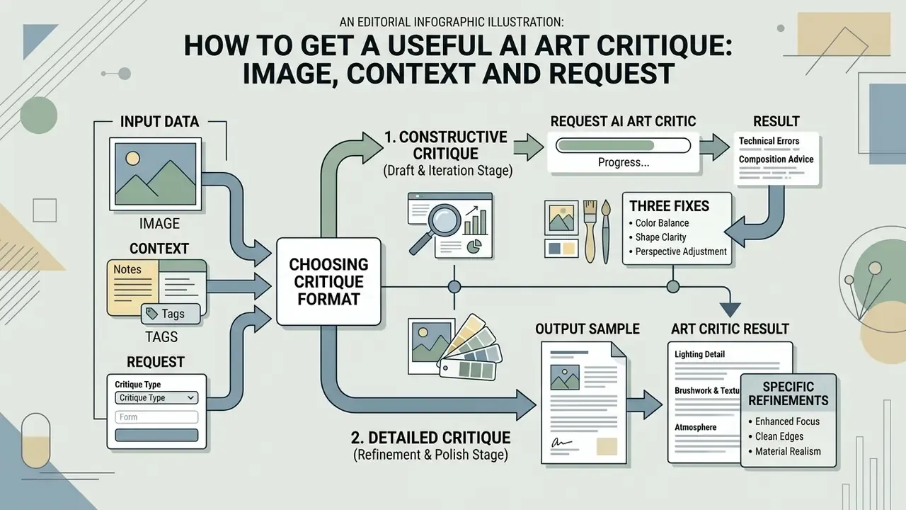 Flowchart outlining the process for obtaining a constructive or detailed AI art critic feedback report