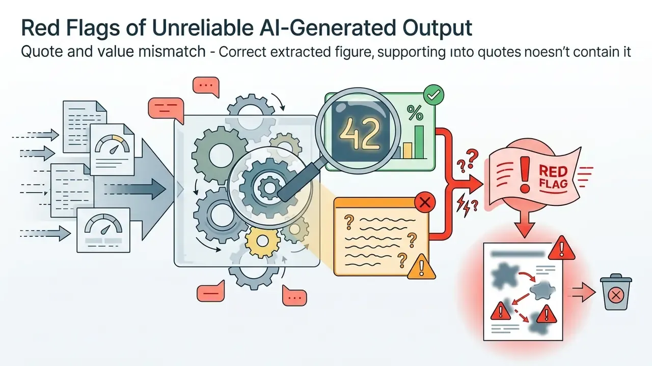 Gears and a magnifying glass analyze data to reveal a mismatch between a numeric value and a text quote
