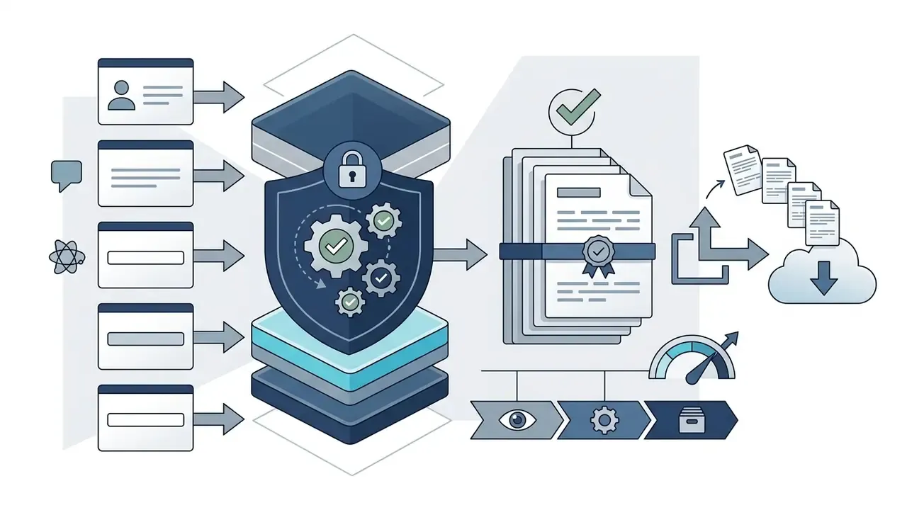 User inputs and metadata feeding into a shielded processor to create verified logs and cloud exports