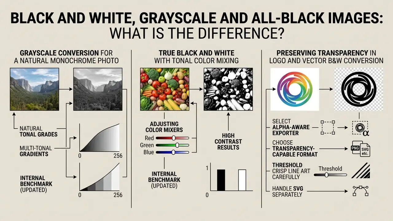 Infographic comparing grayscale conversion, tonal color mixing for high contrast, and vector transparency