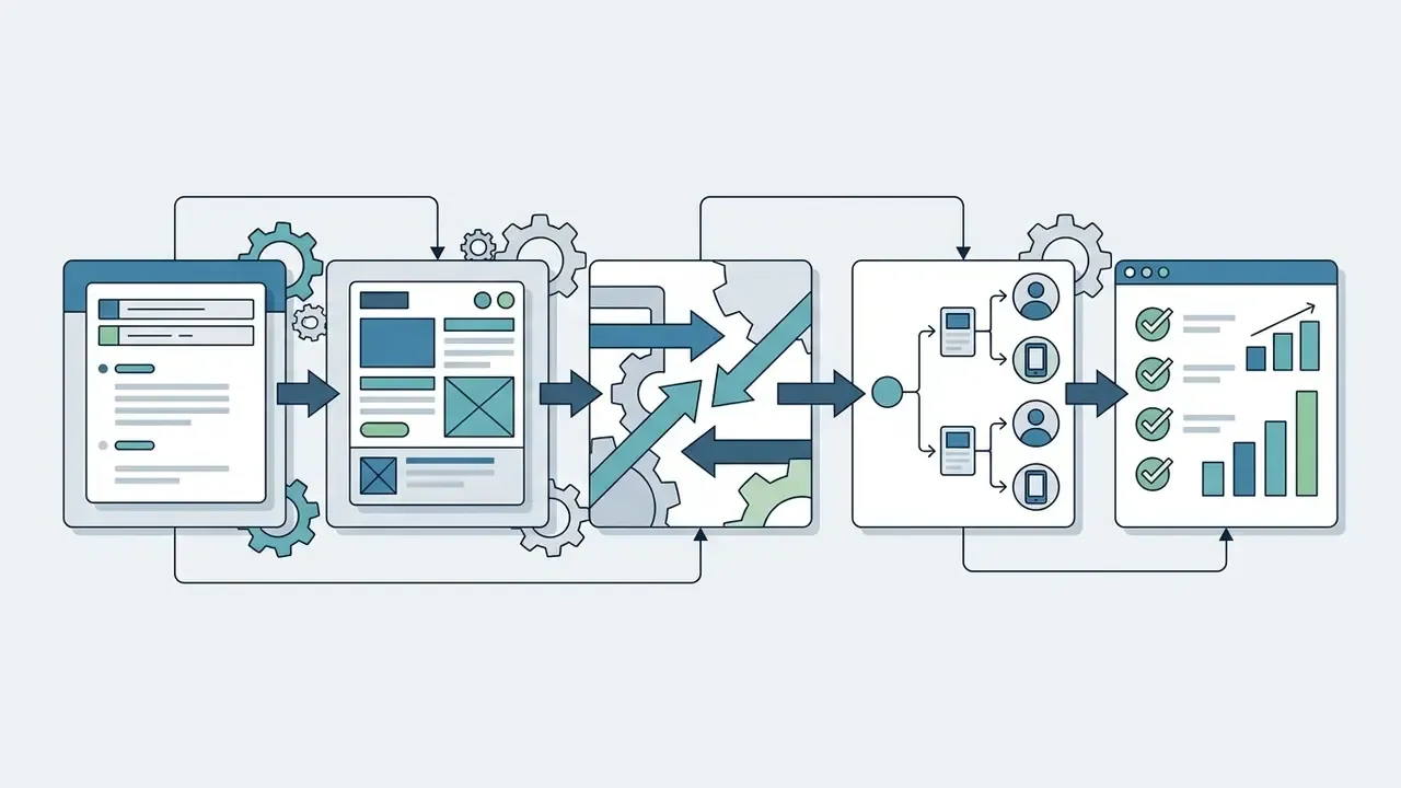 Sequential process showing document drafting, layout design, gear-based processing, and audience targeting
