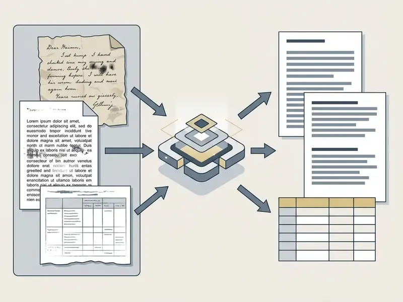 Flowchart showing handwritten notes and tables being processed into clean digital documents and spreadsheets