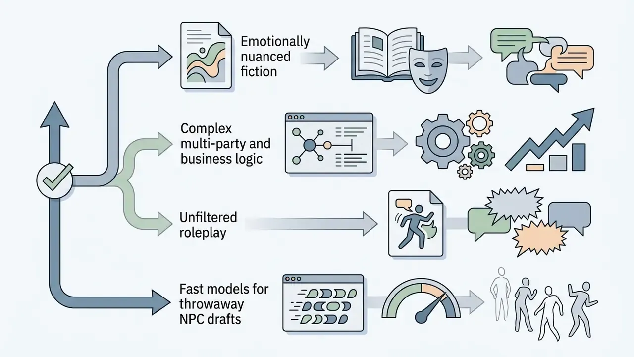 Diagram showing four distinct pathways for model selection based on specific creative or business needs