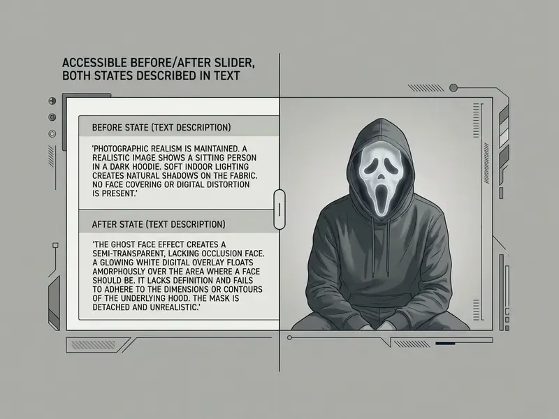 Side-by-side comparison of text descriptions and a hooded figure wearing a stylized white mask