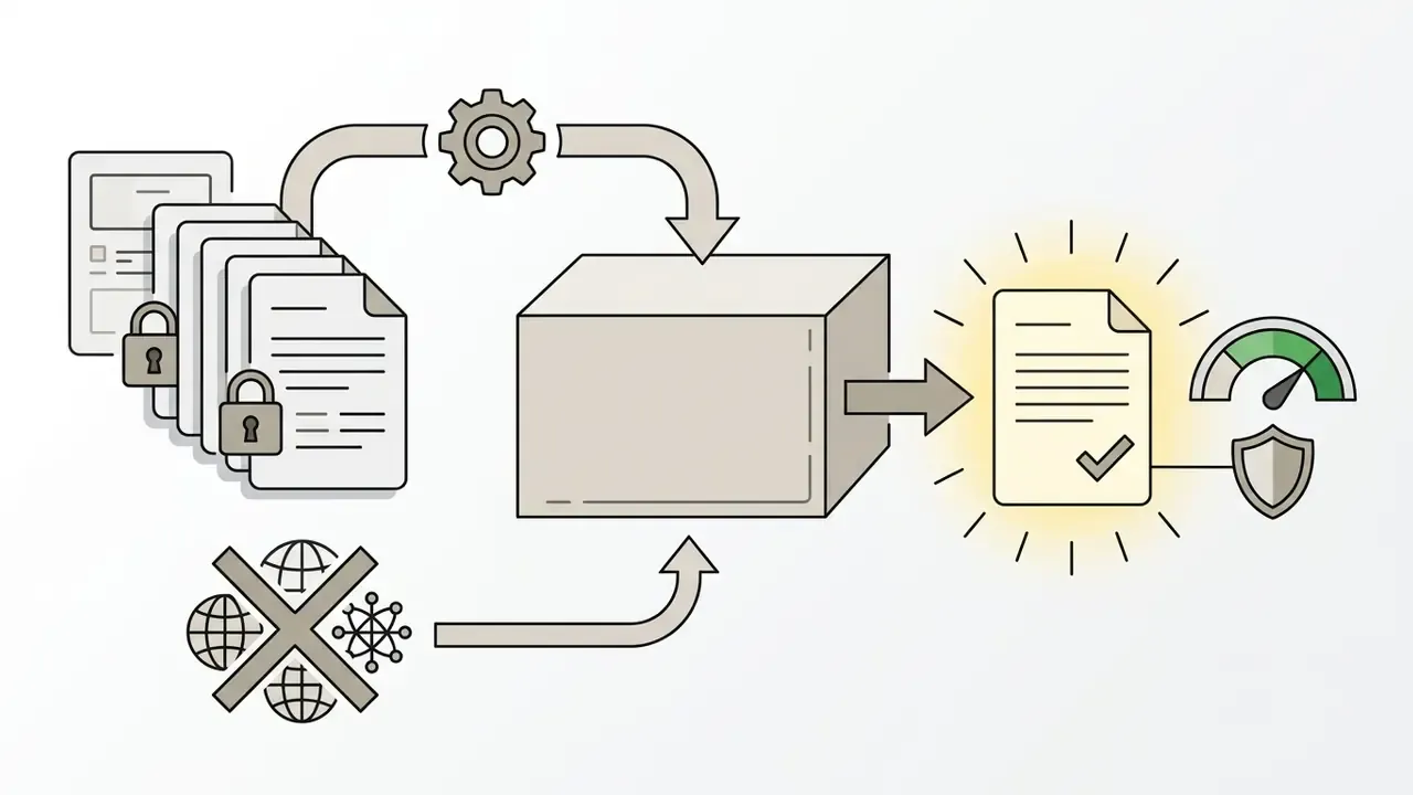 Locked documents and blocked web icons feeding into a processing box to output verified text content