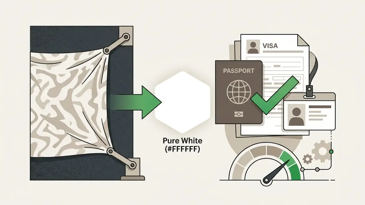 Wrinkled fabric transitioning into a pure white background for passport and visa document compliance