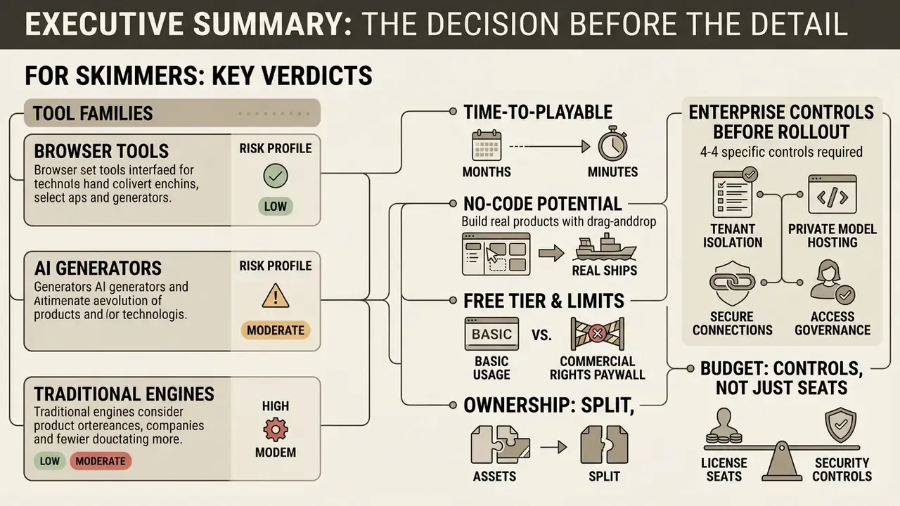 Infographic comparing tool families for a video game maker by risk profile, time-to-playable, and enterprise needs