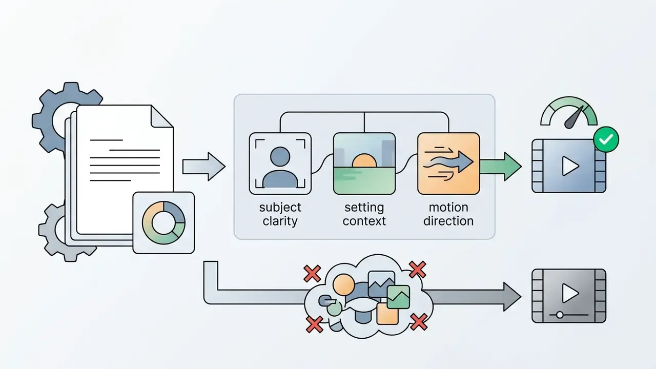 Diagram contrasting structured prompt inputs for successful video generation against cluttered, rejected prompts