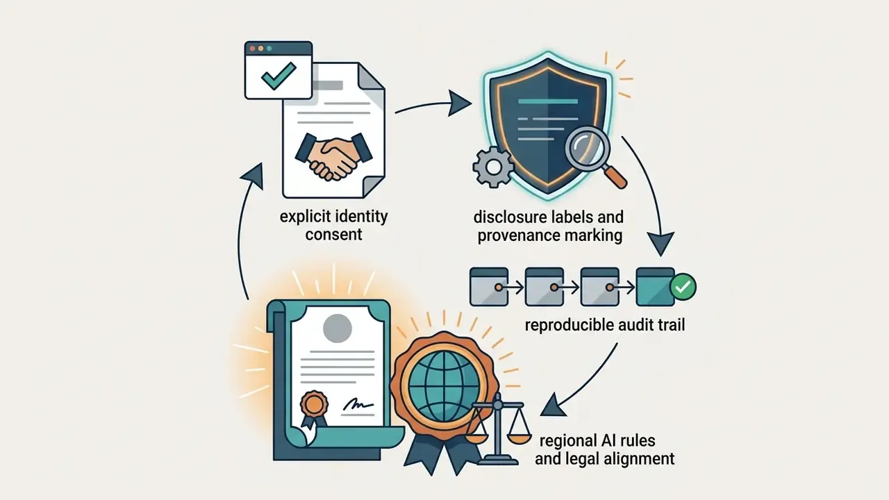 Cycle of icons representing identity consent, disclosure labels, audit trails, and legal compliance steps